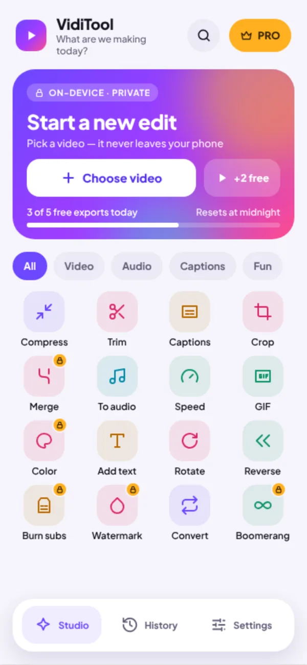 VidiTool app home screen with the tool grid